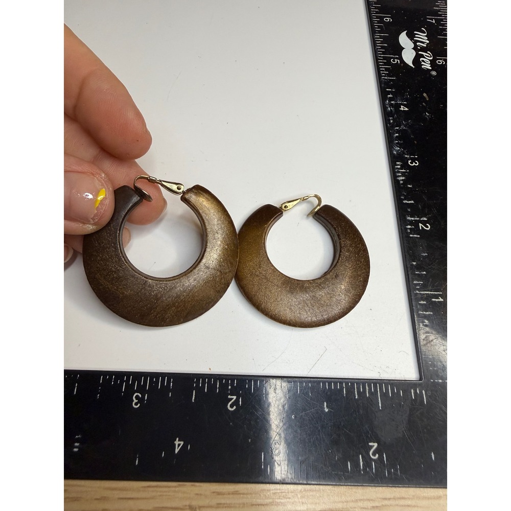 Large Brown Wood Gold Shimmer Chunky Hoop Clip On Earrings Bohemian Statement